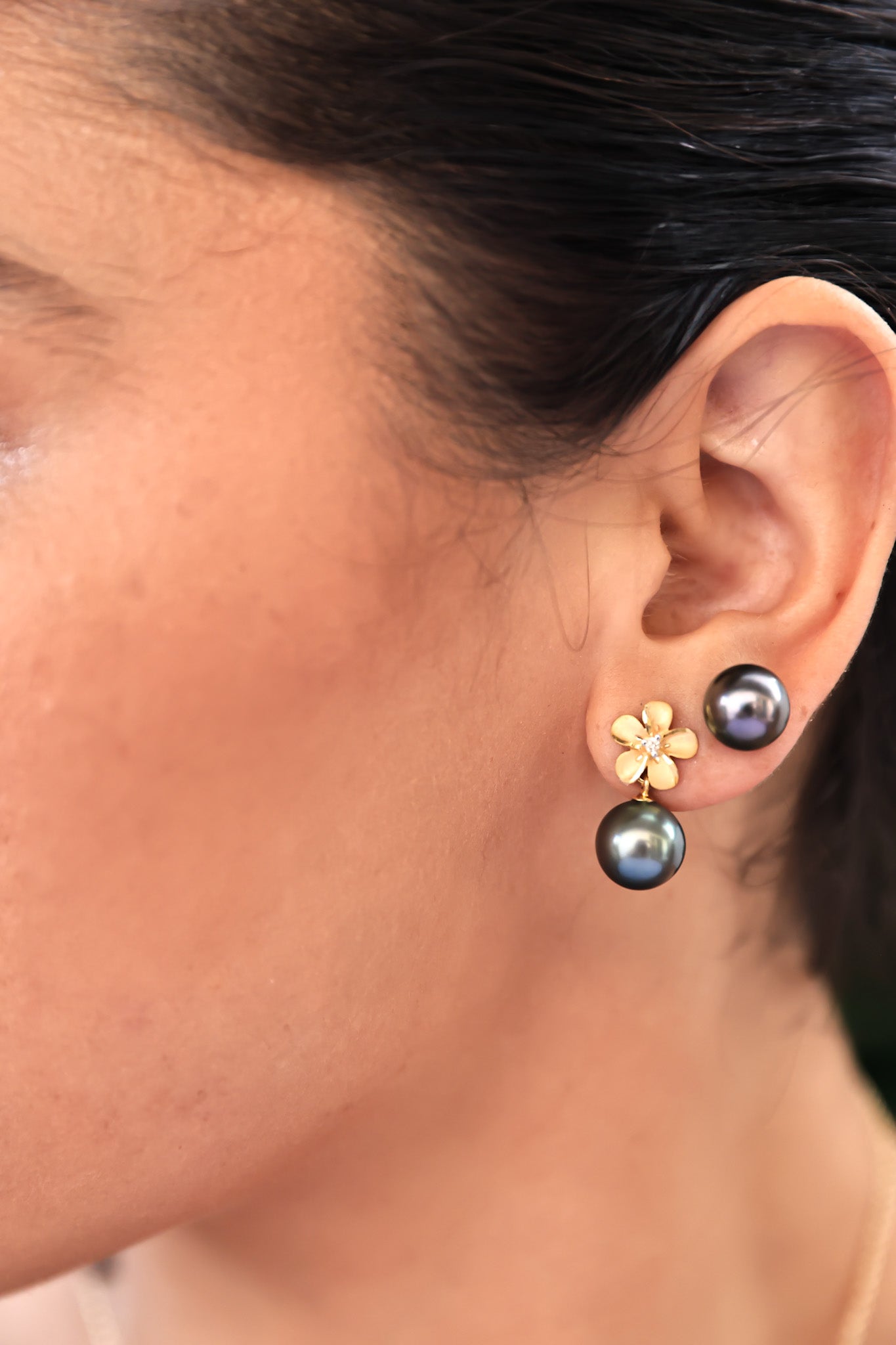 Tahitian Pearl & Pua Melia Stud Earrings | 14KT Gold & Diamonds