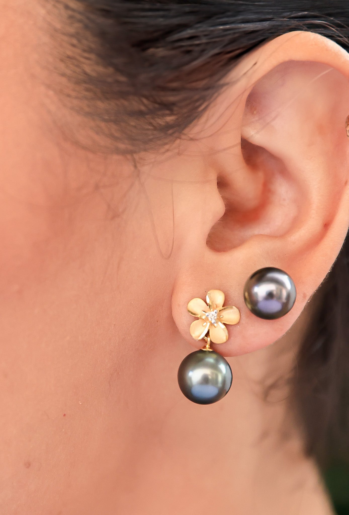 Tahitian Pearl & Pua Melia Stud Earrings | 14KT Gold & Diamonds