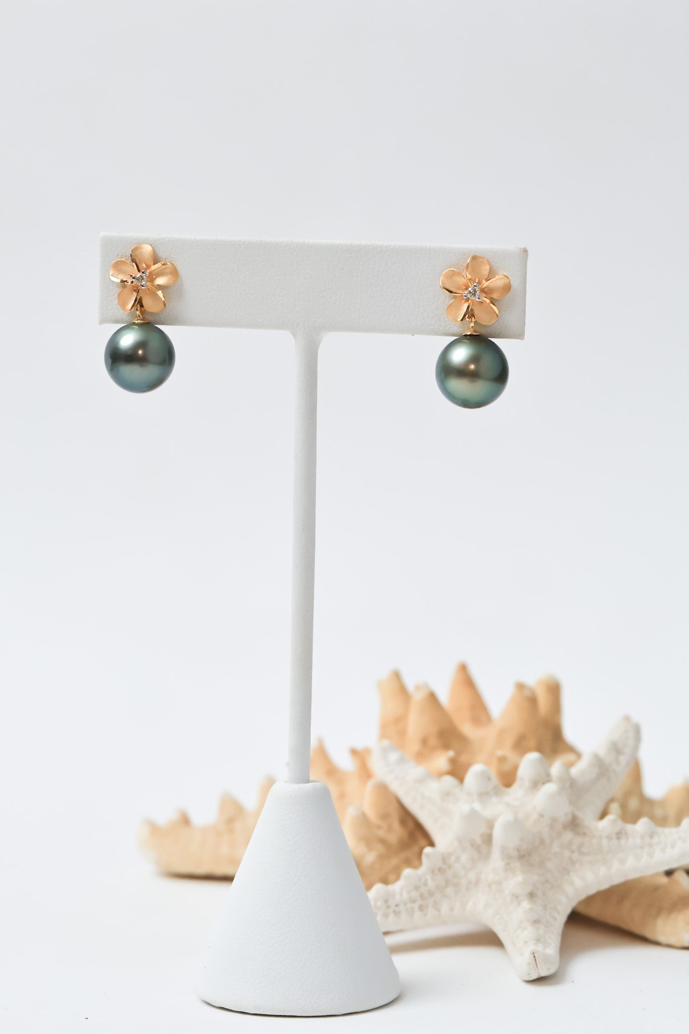 Tahitian Pearl & Pua Melia Stud Earrings | 14KT Gold & Diamonds
