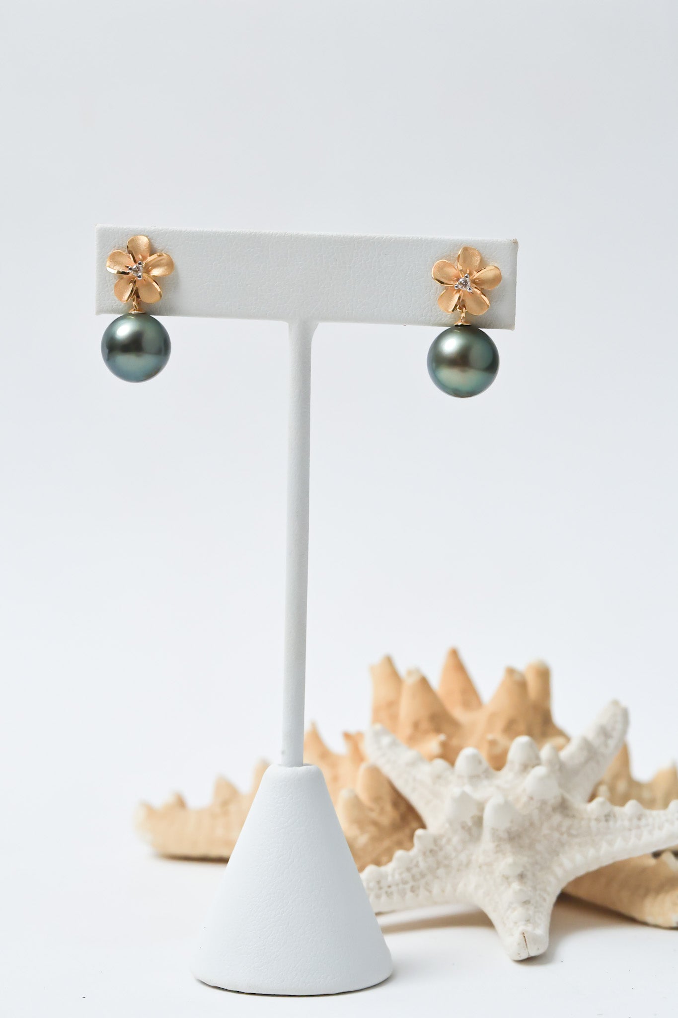 Tahitian Pearl & Pua Melia Stud Earrings | 14KT Gold & Diamonds