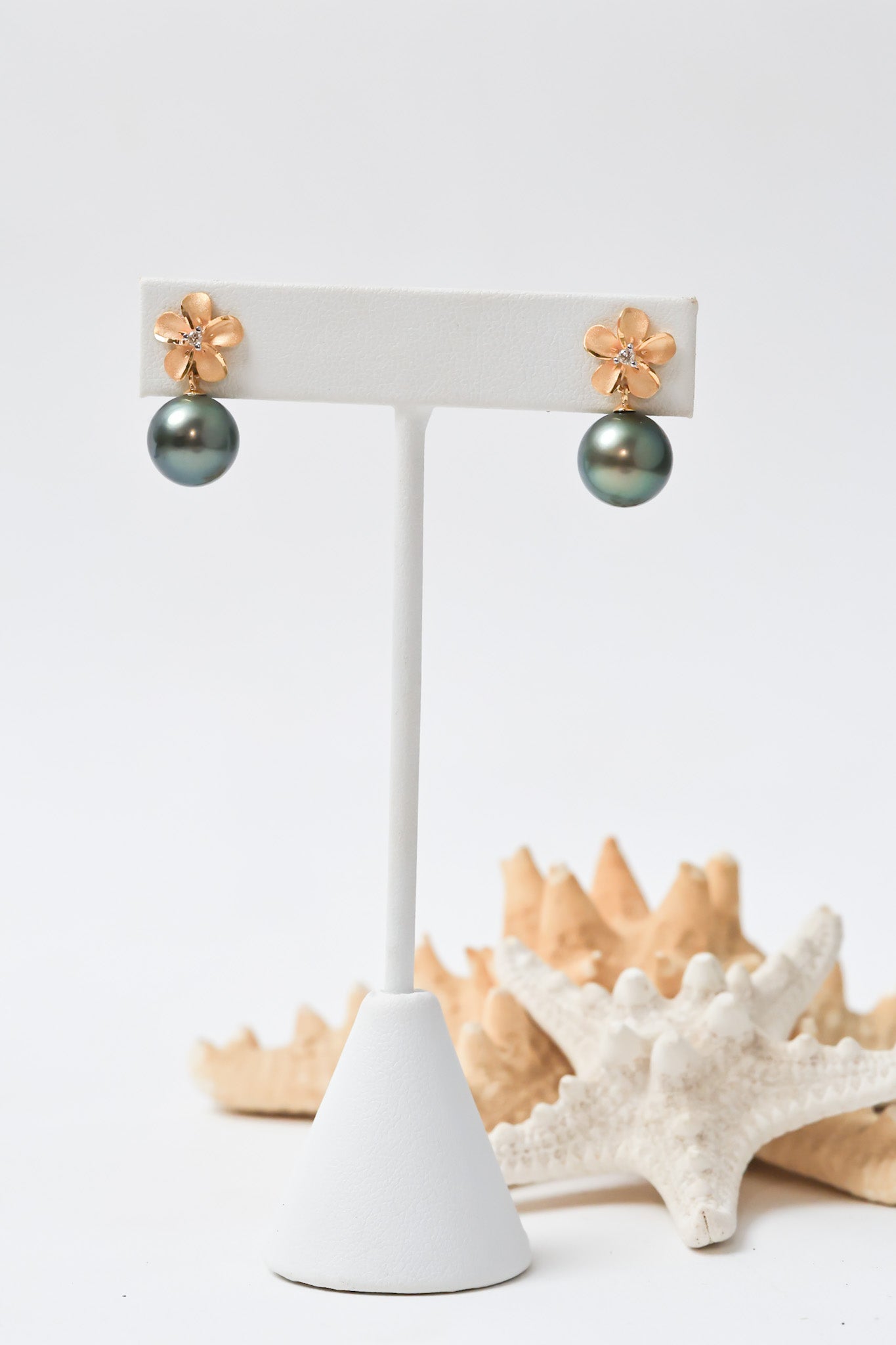 Tahitian Pearl & Pua Melia Stud Earrings | 14KT Gold & Diamonds