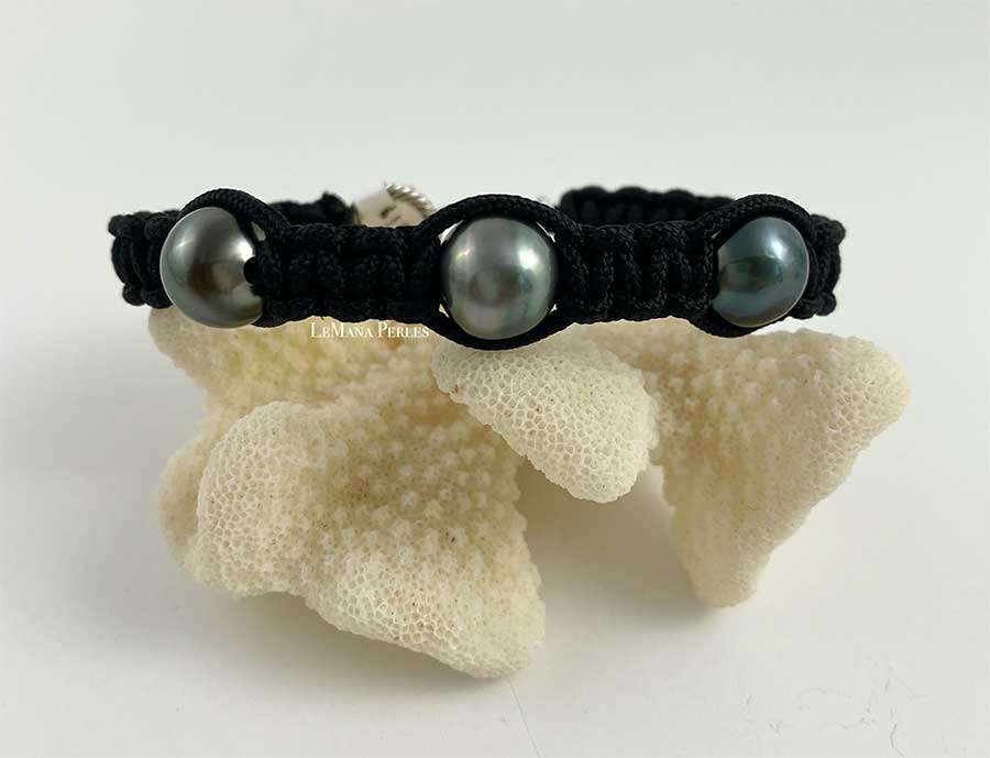 3 Tahitian Pearl Black Poly/nylon cord Shamballa Bracelet