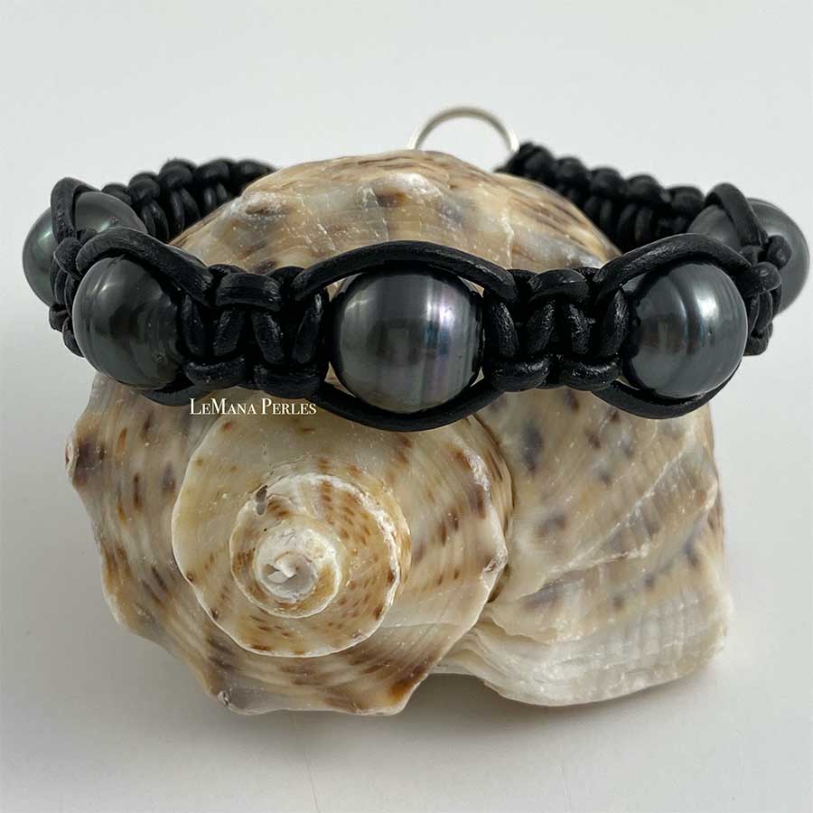 Black Leather 5 Tahitian Pearl Shamballa Bracelet