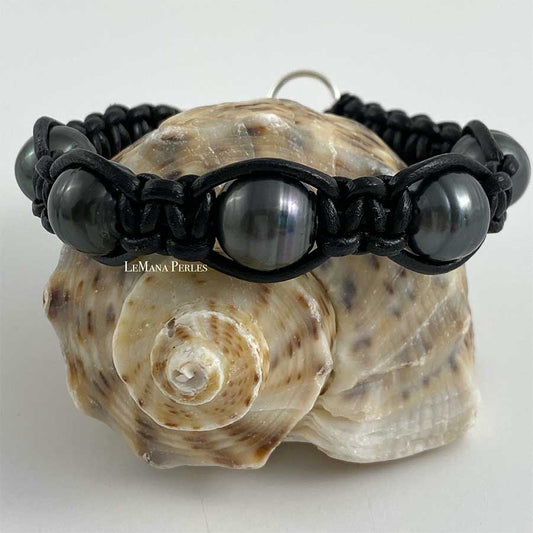Black Leather 5 Tahitian Pearl Shamballa Bracelet