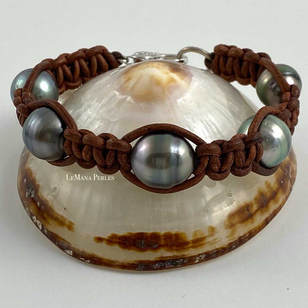 Brown Leather 5 Tahitian Pearl Shamballa Bracelet