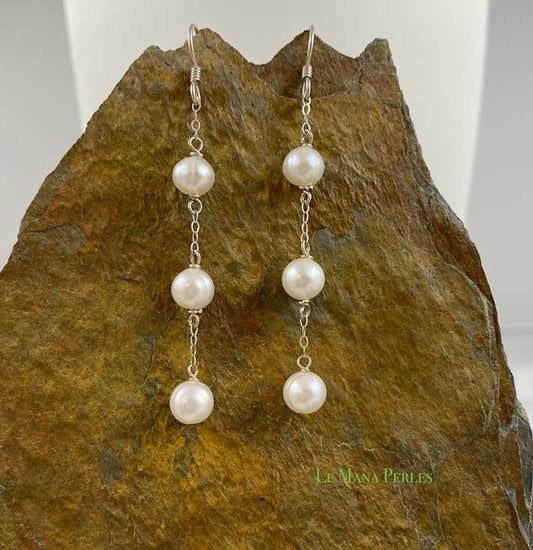 White 3-Drop Freshwater Pearl Earrings