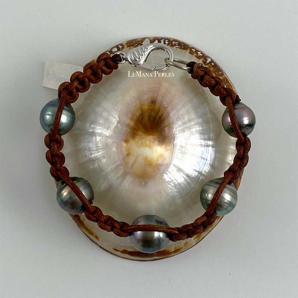 Brown Leather 5 Tahitian Pearl Shamballa Bracelet