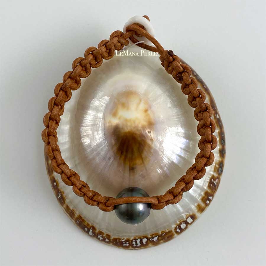 Brown Leather Single Tahitian Pearl Shamballa Bracelet