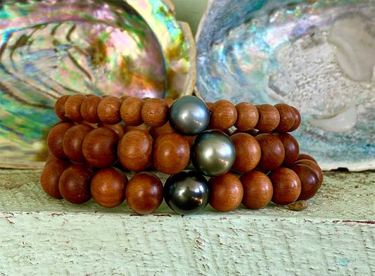 'Iliahi, sandalwood Single Tahitian Pearl Stretchy Bracelet