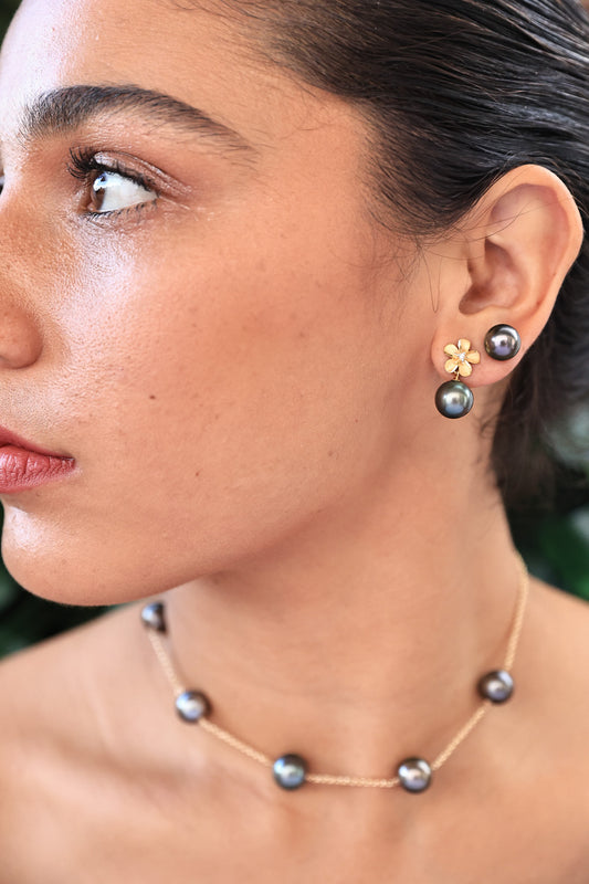 Tahitian Pearl & Pua Melia Stud Earrings | 14KT Gold & Diamonds