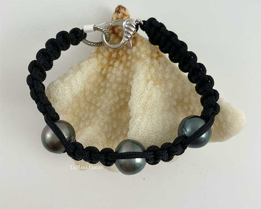 3 Tahitian Pearl Black Poly/nylon cord Shamballa Bracelet