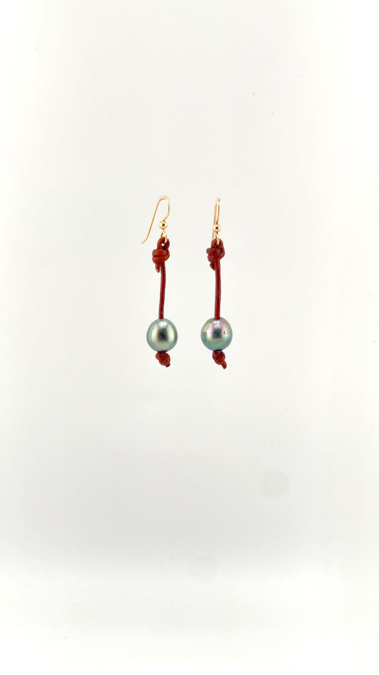 Brown Leather Tahitian Pearl Earrings