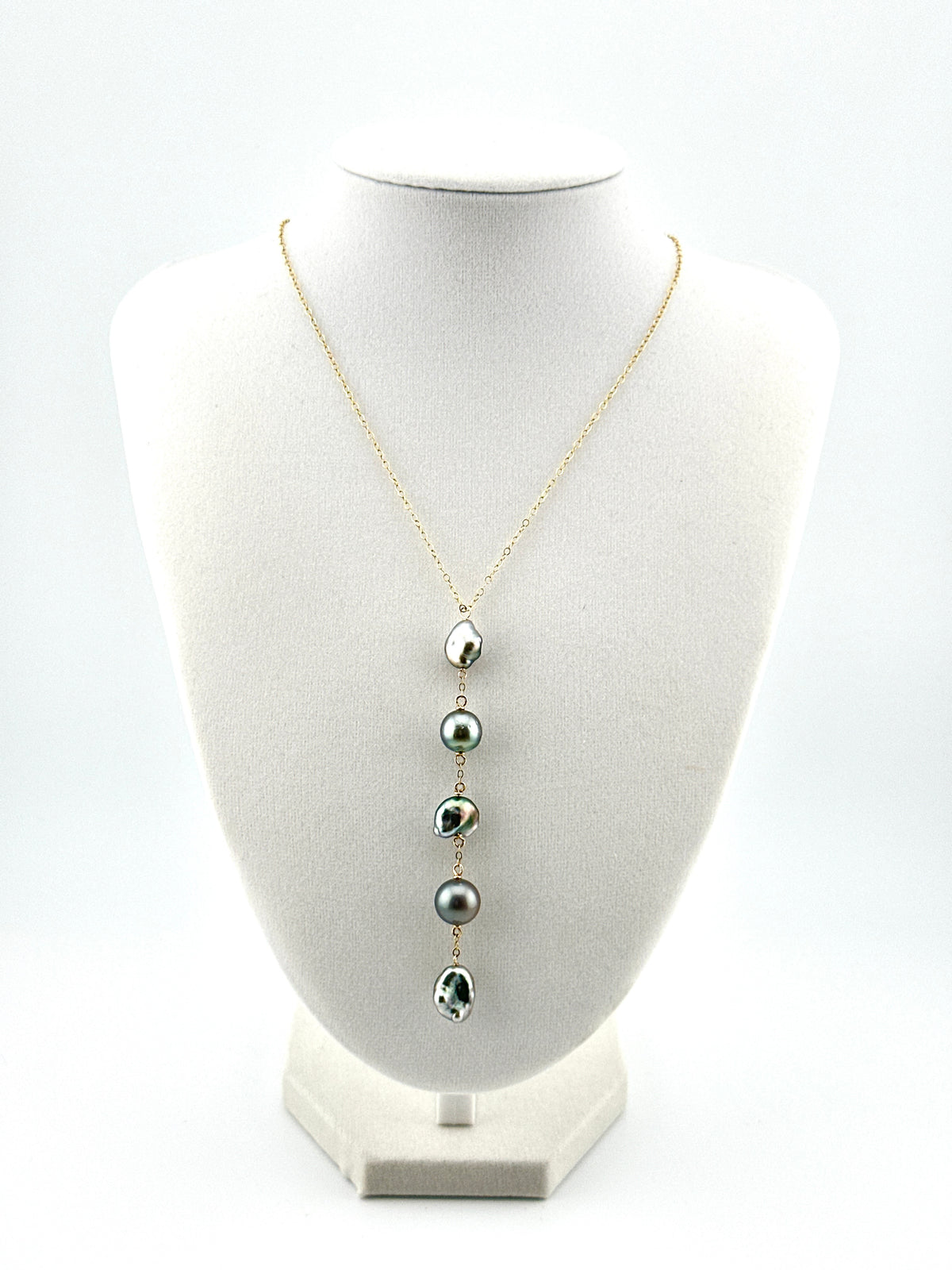 Five drop Keshi and Round Tahitian Pearl Drop Necklace