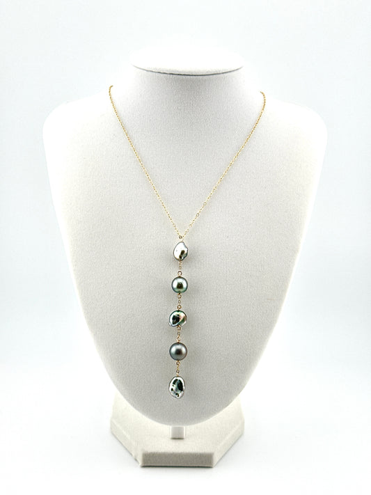Five drop Keshi and Round Tahitian Pearl Drop Necklace