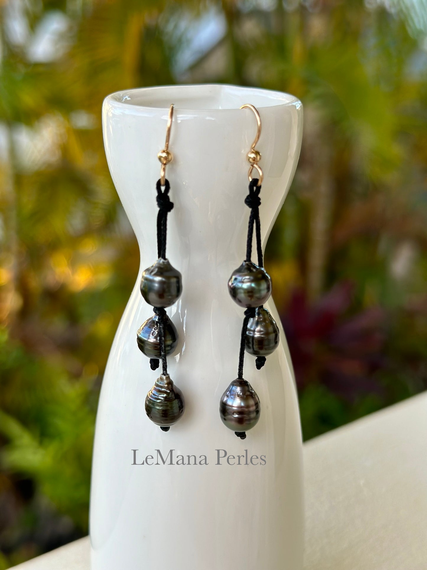 Ka Wai-  3 Tahitian Pearl Polycord Dangle Earring