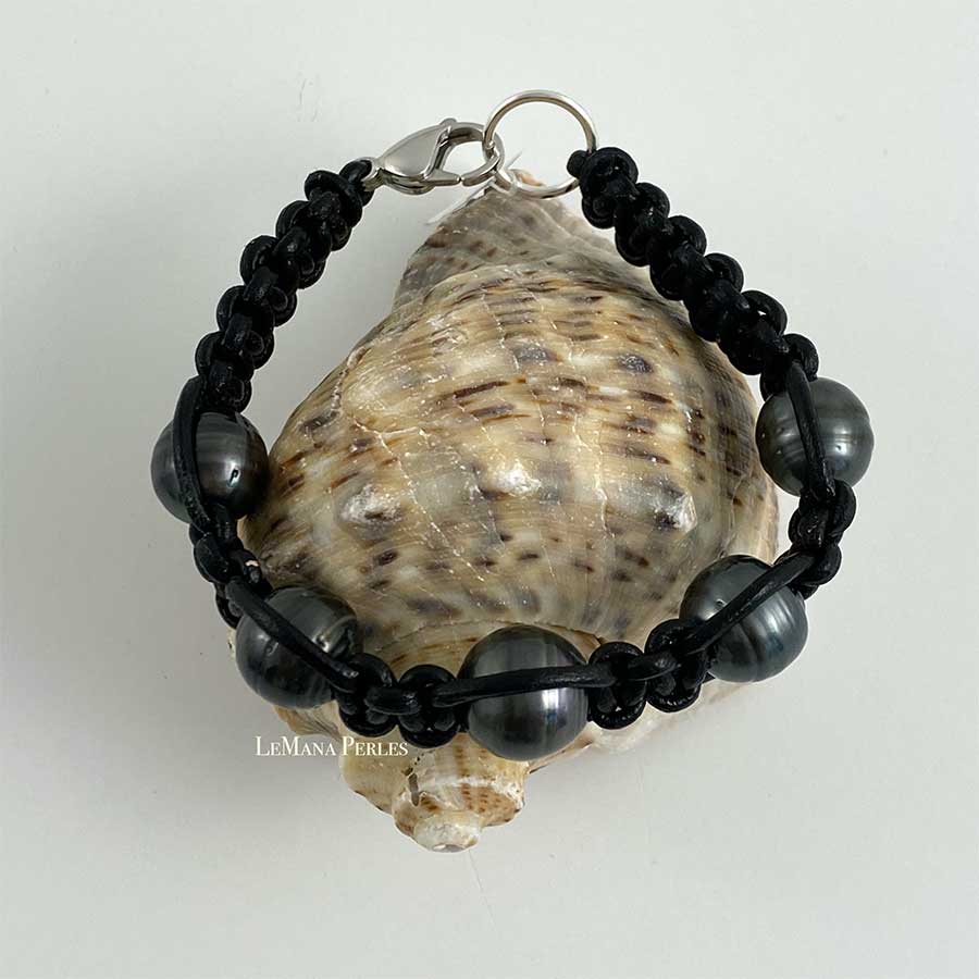 Black Leather 5 Tahitian Pearl Shamballa Bracelet